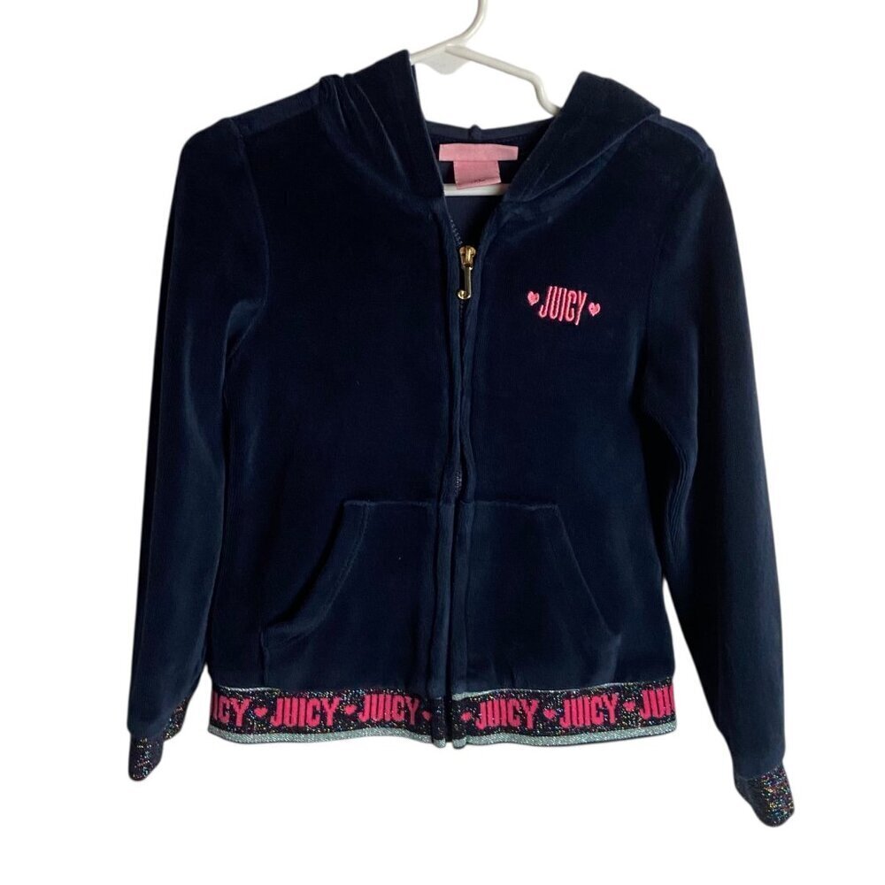 Juicy Couture Kids Size 4T Velour Full Zip Hoodie Sweatshirt Navy Blue Glitter